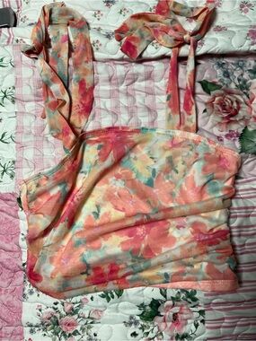 & Other Stories Coral Multi Floral Tie-Shoulder Crop Top